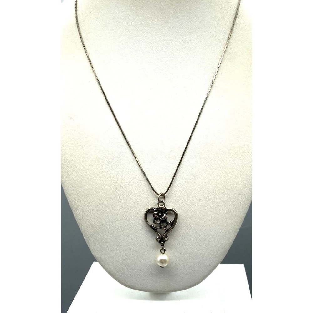 Vintage Hearts and Flowers Pendant with Pearl Drop on Delicate Silver Tone Chain